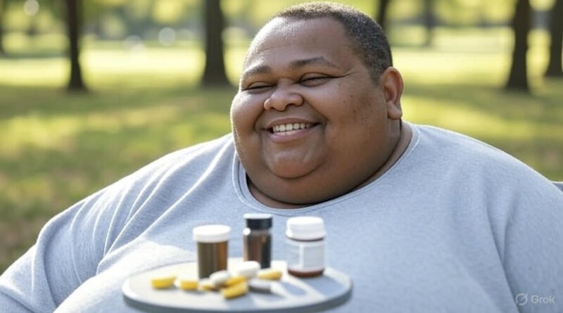 faty man showing weightloss supplements