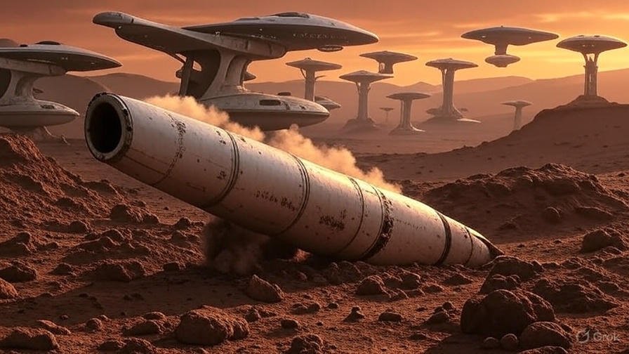 (Image Prompt: Composite image of wrecked SN36 vs. a futuristic Starship fleet on Mars. Caption: "From fiery setbacks to interplanetary dreams.")