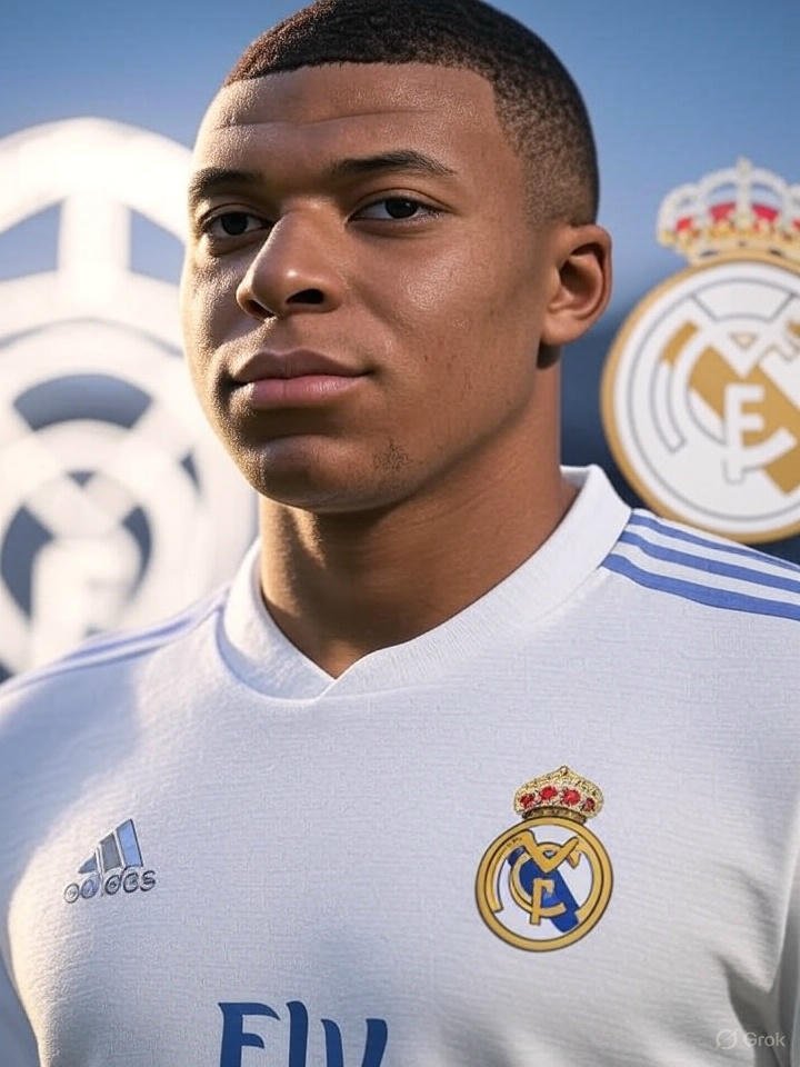 "Digital illustration of Kylian Mbappé in a Real Madrid kit, holographic Los Blancos crest in background."