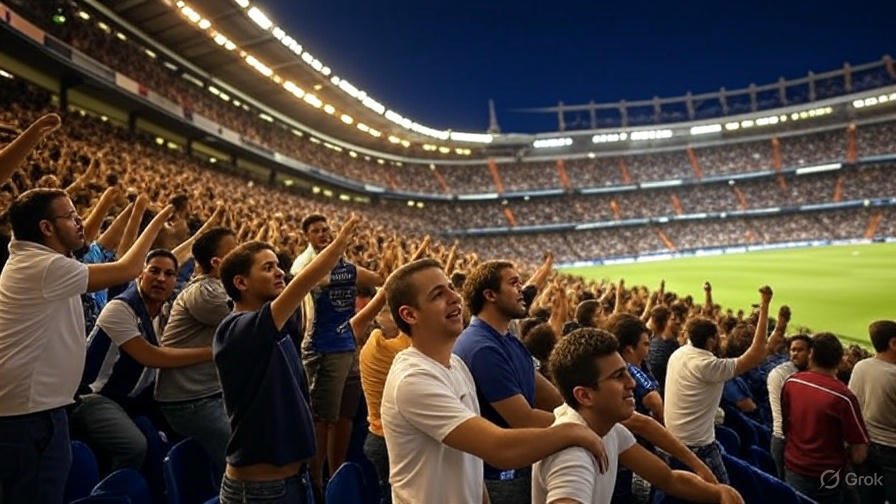 "Panoramic night view of Santiago Bernabéu Stadium illuminated, packed with cheering fans during a match."