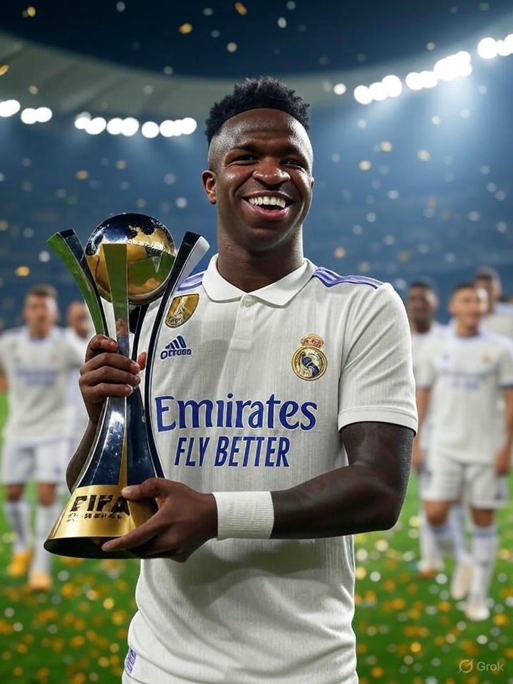 Image Prompt 2: "Vinicius Jr. celebrating with the FIFA Club World Cup trophy, confetti falling, teammates cheering."