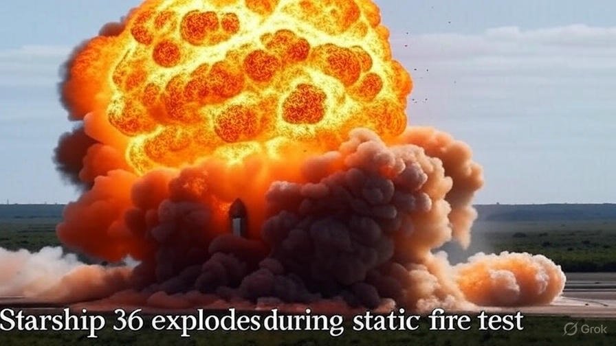 (Image Prompt: Close-up of SpaceX Starship 36 engulfed in a massive orange fireball, smoke billowing against the Texas sky. Caption: "Starship 36 explodes during static fire test.")*