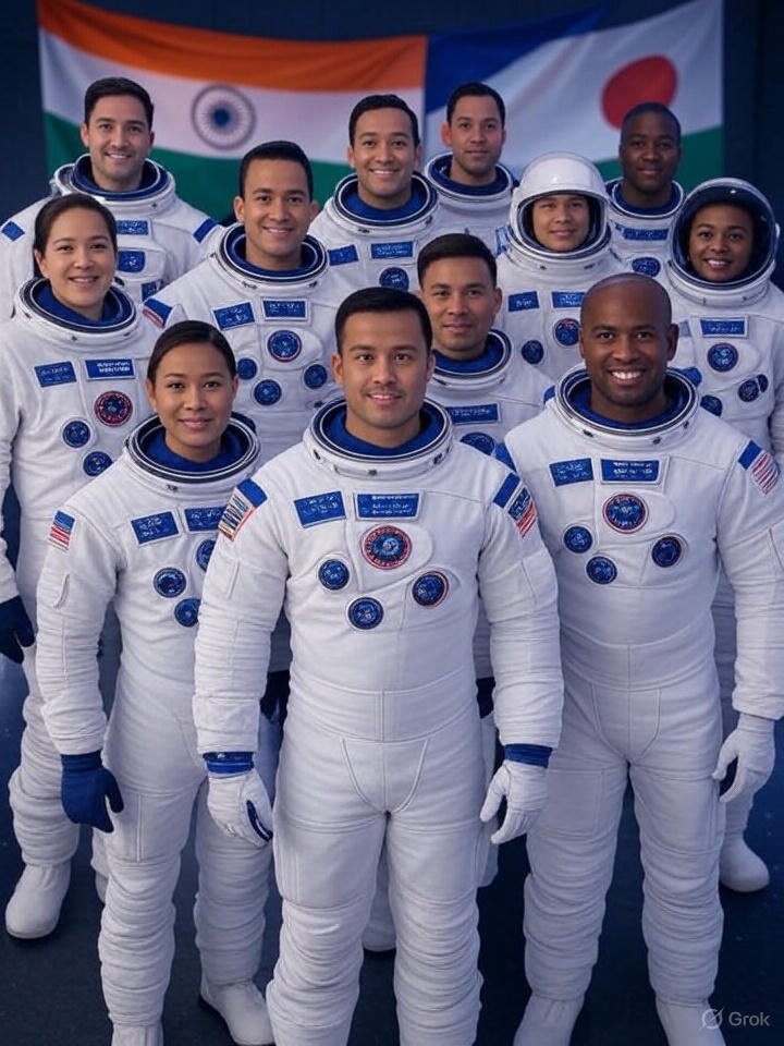 Draw Group photo of the Axiom-4 crew in their space suits, showing international cooperation with flags of their respective countries in the background, emphasizing the global nature of the mission]Subhanshu Shukla