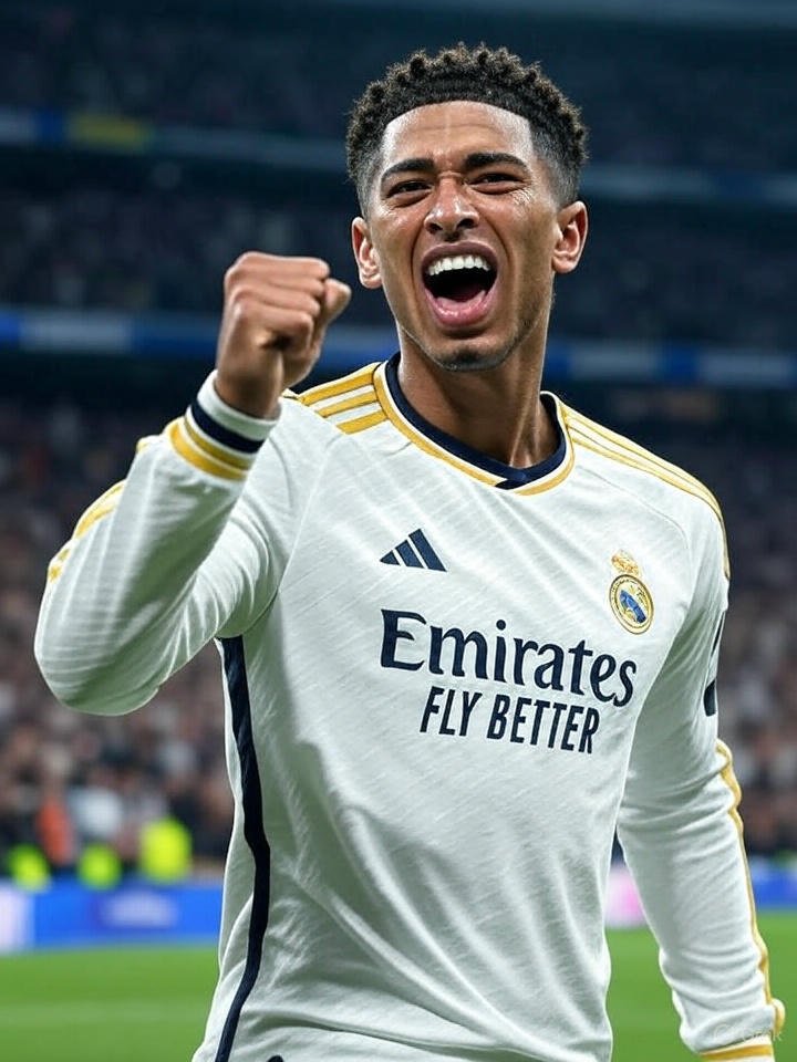 Image Prompt 3: *"Jude Bellingham mid-celebration after scoring, fist pumped, wearing Real Madrid’s 2025 home kit."*