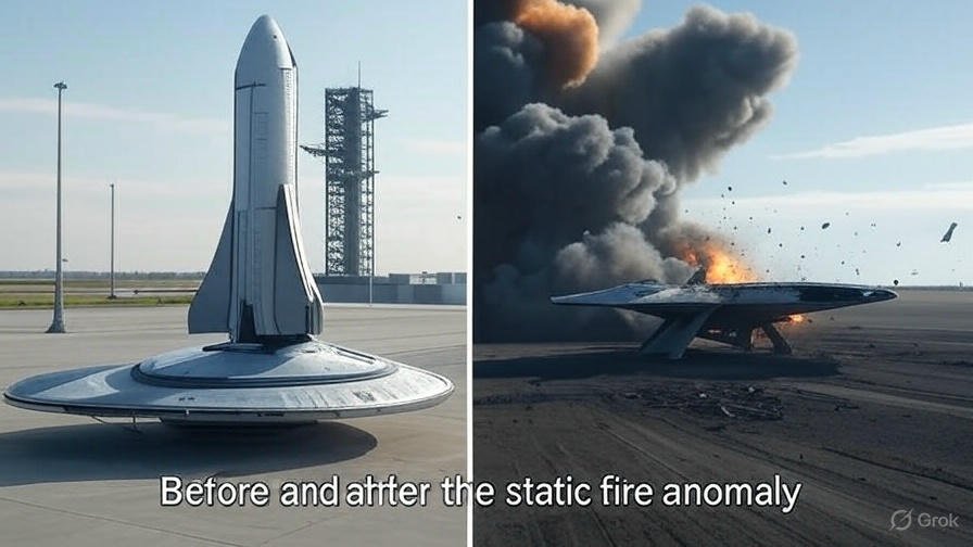 *(Image Prompt: Split-screen comparing intact Starship 36 pre-test vs. scorched wreckage post-explosion. Caption: "Before and after the static fire anomaly.")*