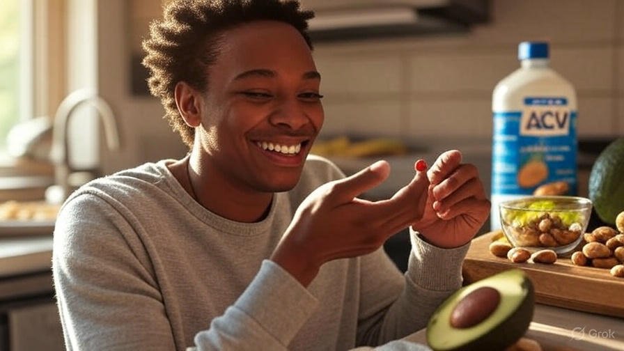 Person checking blood sugar with a smile, ACV bottle and wholesome foods (avocado, nuts) in background. Warm, natural lighting image ratio should be 16:9