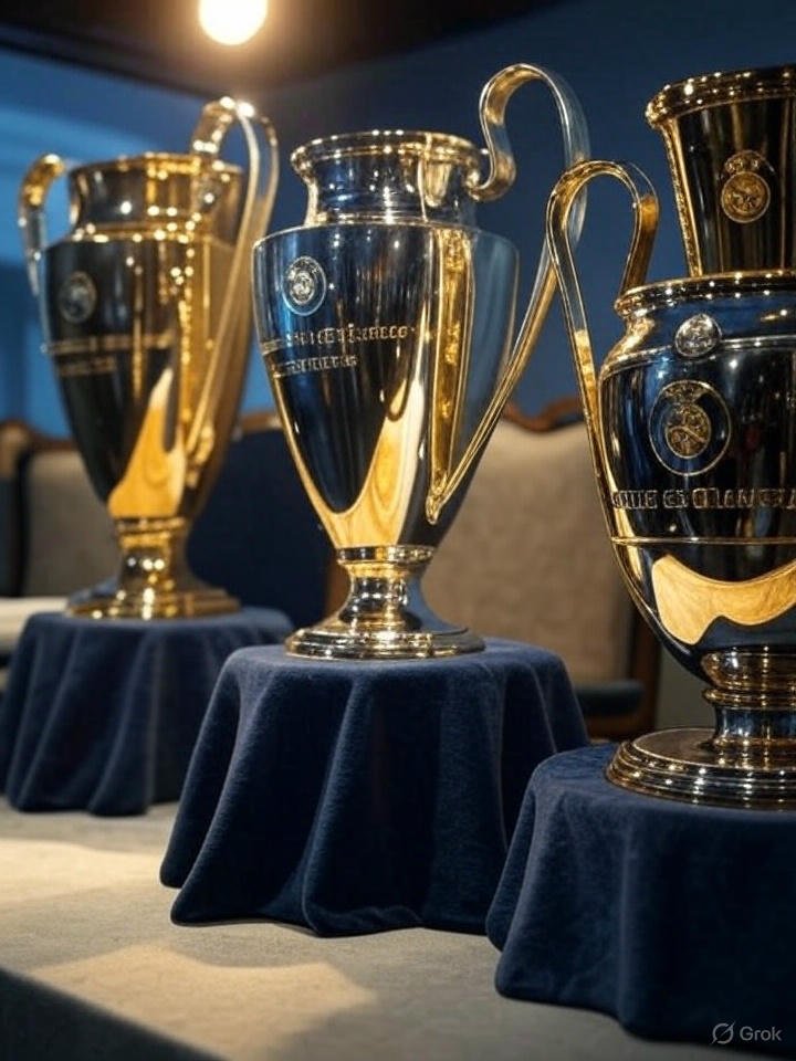 Image Prompt 5: "Collage of Real Madrid trophies: Champions League, La Liga, Club World Cup, gleaming under spotlight."