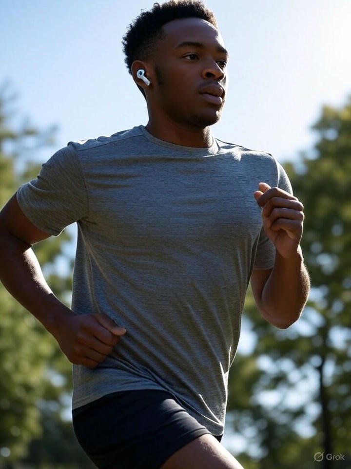 image of person running with wireless earbuds, showing secure fit here
