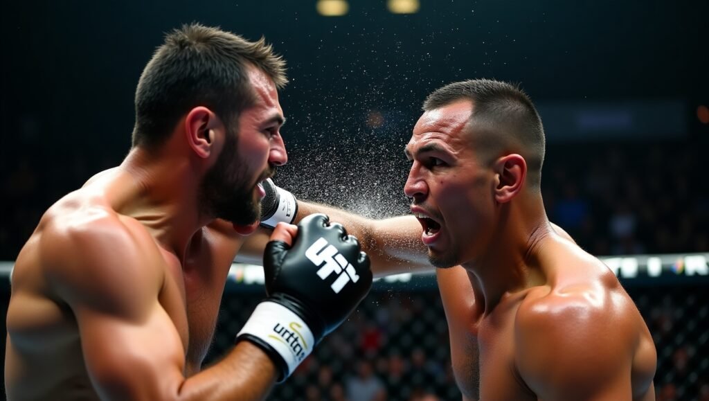 [Image Prompt: The exact moment of Topuria's knockout punch connecting with Oliveira's jaw, captured in slow motion with dramatic lighting]ufc 317 results
